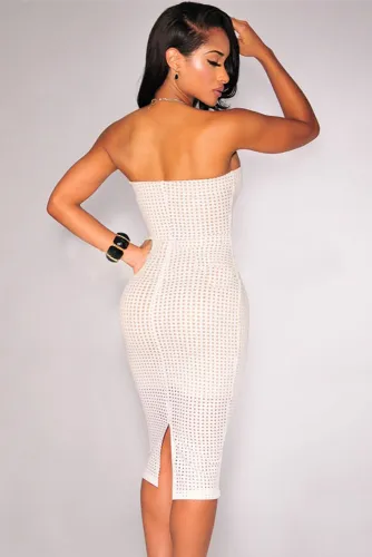 White Laser Cut Nude Illusion Strapless Dress