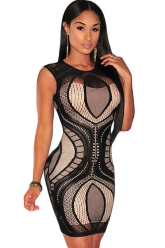 Black Optical Lace Nude Illusion Sleeveless Bodycon Dress
