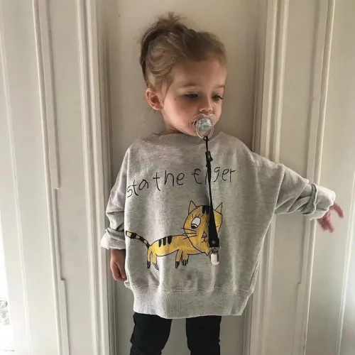 Toddler Girl Grey Print Cat and Slogan Long Sleeve Sweatshirt