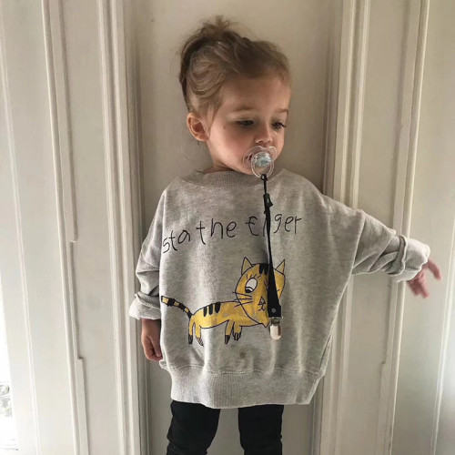 Toddler Girl Grey Print Cat and Slogan Long Sleeve Sweatshirt