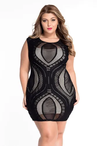 Black Optical Lace Nude Illusion Sleeveless Bodycon Dress