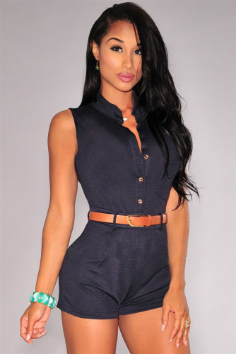 Black Button Down Belted Romper