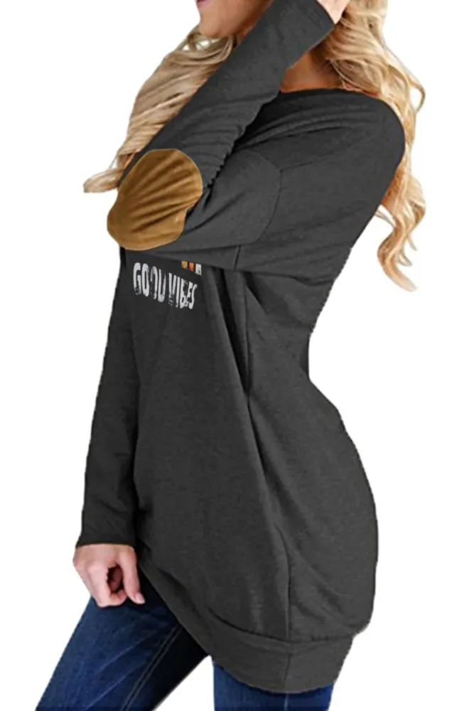 Dark Gray Crew Neck Long Sleeve Elbow Patch Sweatshirt