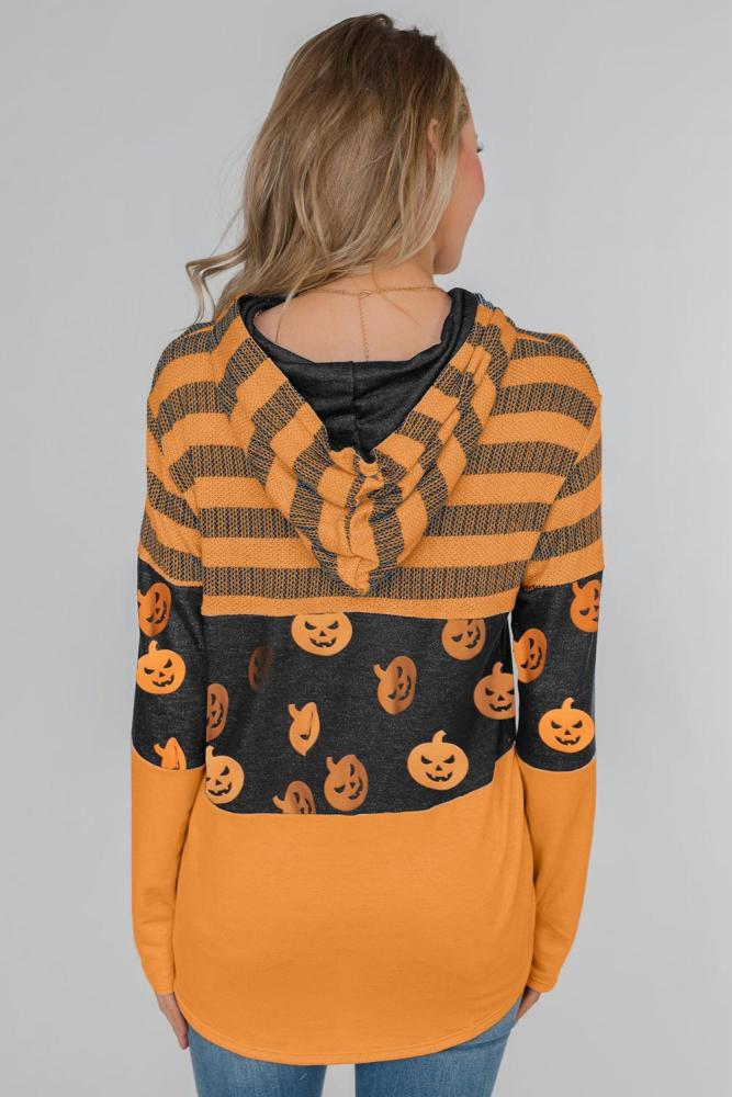 Stripes and Halloween Pumpkin Print Hoodie