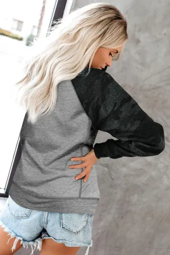 Gray Crewneck Camo Print Long Sleeve Sweatshirts