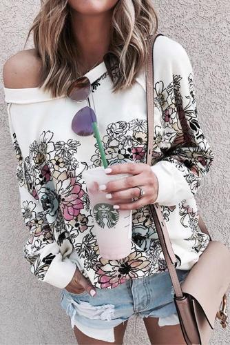 White Free People Go on Floral Printed Pullover