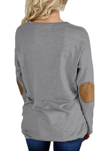 Light Gray Crew Neck Long Sleeve Elbow Patch Sweatshirt