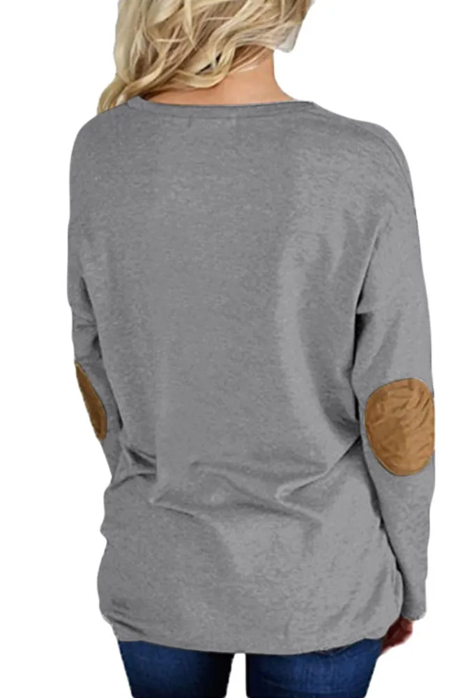 Light Gray Crew Neck Long Sleeve Elbow Patch Sweatshirt