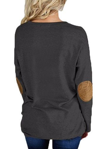 Dark Gray Crew Neck Long Sleeve Elbow Patch Sweatshirt