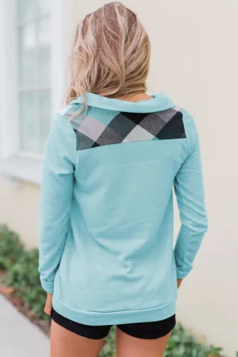 Green Touch of Plaid Pullover Button Sweatshirt