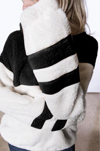Black Colorblock Furry Zipped Pullover Sweatshirt Outwear