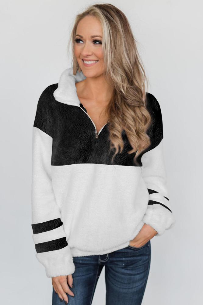 Black Colorblock Furry Zipped Pullover Sweatshirt Outwear