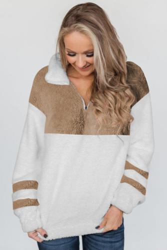 White Colorblock Furry Zipped Pullover Sweatshirt Outwear