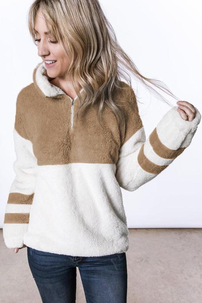 White Colorblock Furry Zipped Pullover Sweatshirt Outwear
