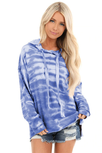 Sky Blue Tie Dye Long Sleeve Drawstring Hoodie