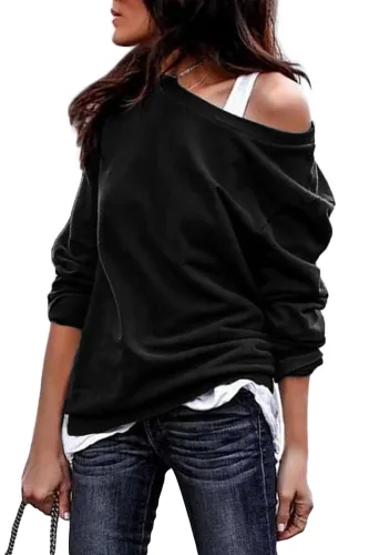 Black Plain One Shoulder Pullover Sweatshirt