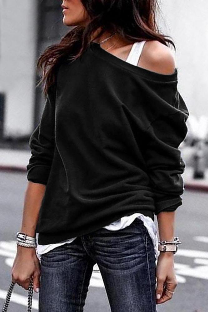 Black Plain One Shoulder Pullover Sweatshirt