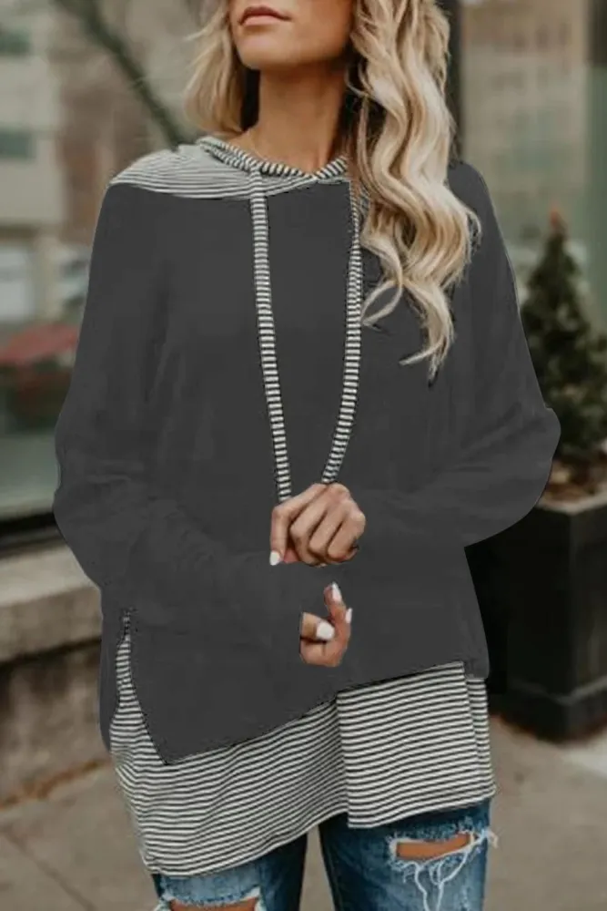 Gray Striped Stitching Long Sleeve Hoodie