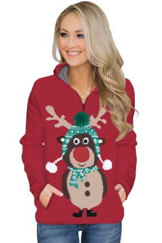 Cute Reindeer Print Zip Neck Pullover Sweatshirt