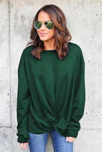Green Knot Twist Front Long Sleeve Casual Pullover Sweatshirt