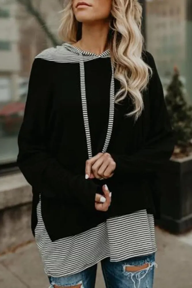Black Striped Stitching Long Sleeve Hoodie