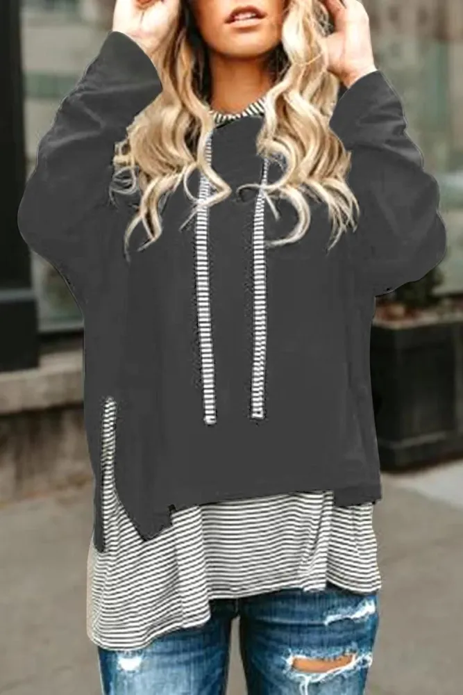 Gray Striped Stitching Long Sleeve Hoodie