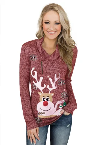 Christmas Reindeer Snow Print Zipped Pullover Top