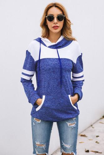 Blue Color Block Pullover Hoodie with Pocket