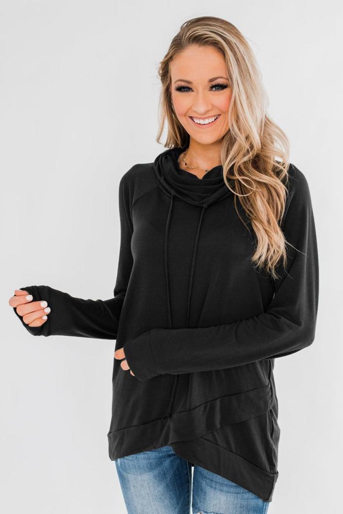 Black Casual Cowl Neck Pullover Sweatshirt