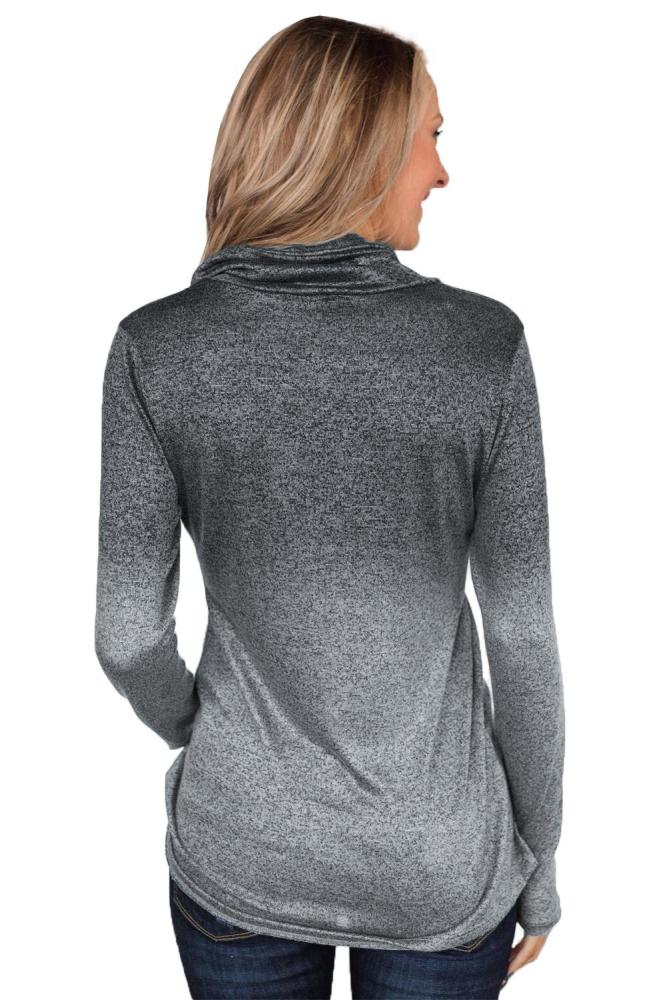 Gray Ombre Long Sleeves Pullover Zipper Cowl Neck Sweatshirt