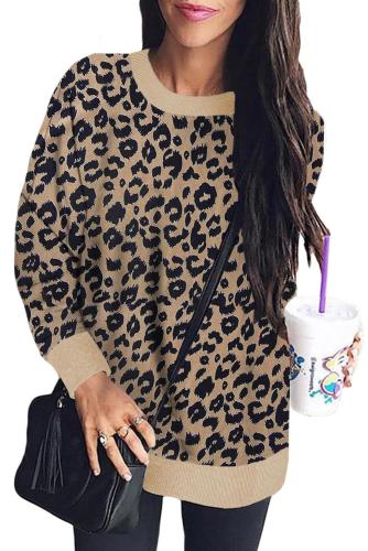 Khaki Leopard Print Long Sleeve Pullover Sweatshirt