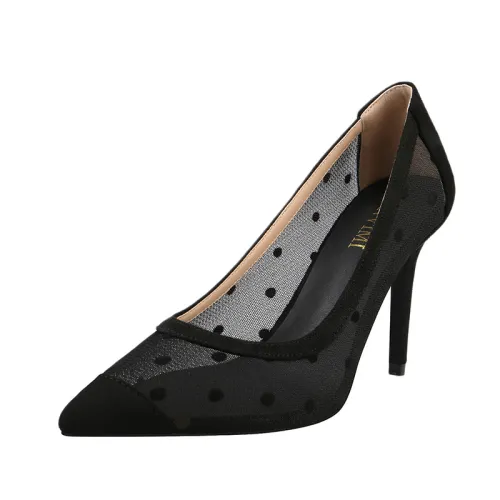 9CM Fine-heeled Polka Dot Mmesh Lace Shallow Dress Sandals