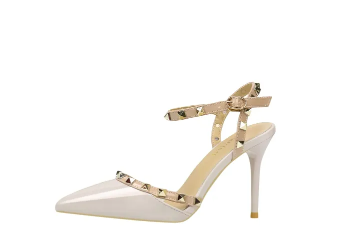 9CM Sweet Shallow Pointed Rivet PU Hollow Dress Elegant Sandals