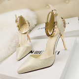 10CM Carved Metal Chain Pointed Toe Dress Wedding Party Elegant Heeled Sandals