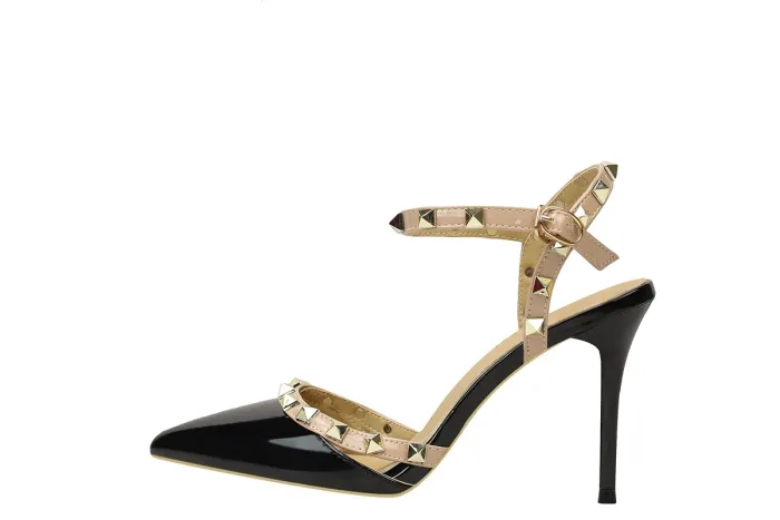 9CM Sweet Shallow Pointed Rivet PU Hollow Dress Elegant Sandals