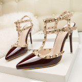 Asmxing 10CM Patent Leather Metal Rivets High Stiletto Heel Sandals