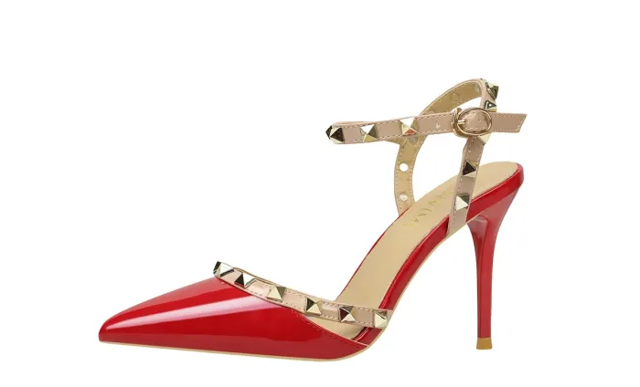 9CM Sweet Shallow Pointed Rivet PU Hollow Dress Elegant Sandals