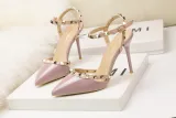 9CM Sweet Shallow Pointed Rivet PU Hollow Dress Elegant Sandals