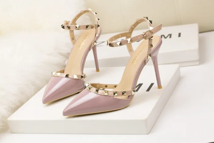 9CM Sweet Shallow Pointed Rivet PU Hollow Dress Elegant Sandals
