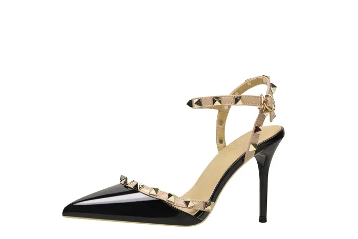 9CM Sweet Shallow Pointed Rivet PU Hollow Dress Elegant Sandals