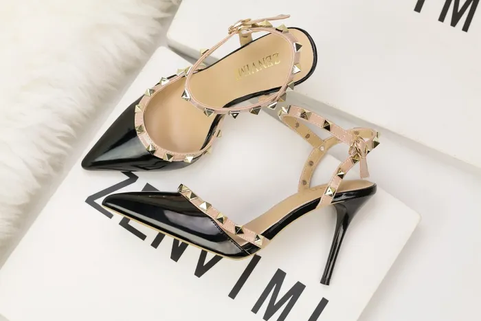 9CM Sweet Shallow Pointed Rivet PU Hollow Dress Elegant Sandals