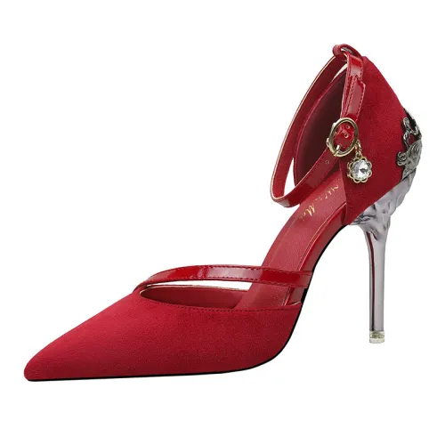 10CM Metal Hollow Suede Sidecut High Stiletto Heel Dress Wedding Party  Sandals