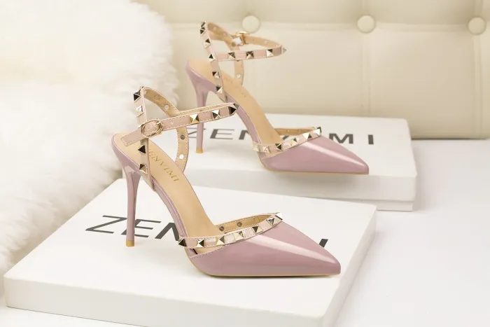 9CM Sweet Shallow Pointed Rivet PU Hollow Dress Elegant Sandals