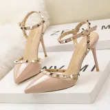 9CM Sweet Shallow Pointed Rivet PU Hollow Dress Elegant Sandals