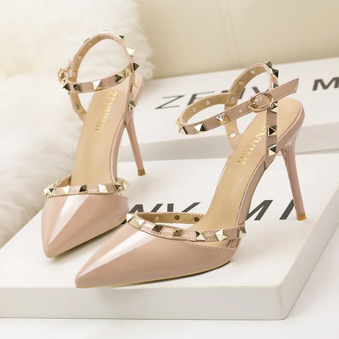 9CM Sweet Shallow Pointed Rivet PU Hollow Dress Elegant Sandals