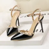 9CM Sweet Shallow Pointed Rivet PU Hollow Dress Elegant Sandals