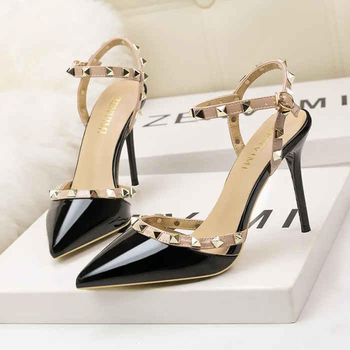 9CM Sweet Shallow Pointed Rivet PU Hollow Dress Elegant Sandals