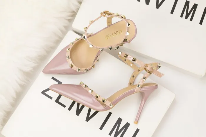 9CM Sweet Shallow Pointed Rivet PU Hollow Dress Elegant Sandals