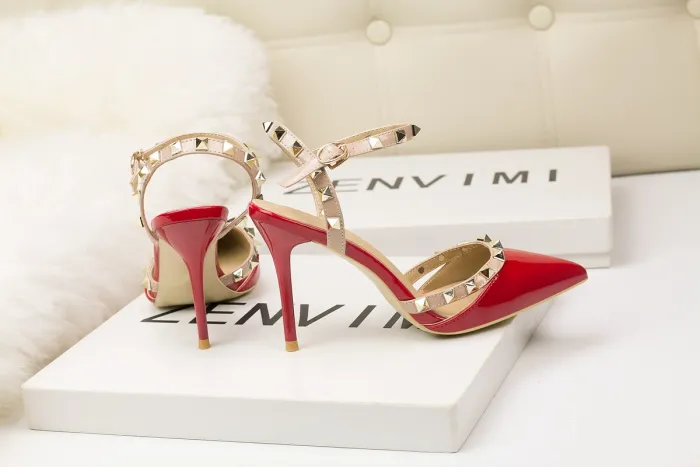9CM Sweet Shallow Pointed Rivet PU Hollow Dress Elegant Sandals