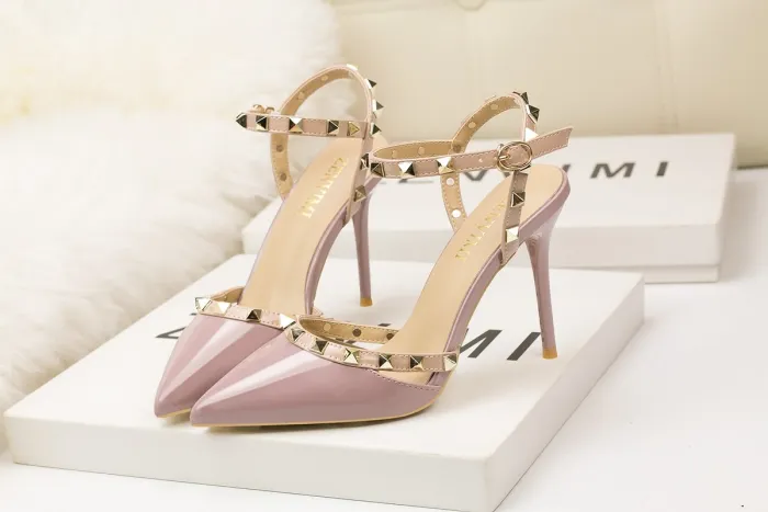 9CM Sweet Shallow Pointed Rivet PU Hollow Dress Elegant Sandals